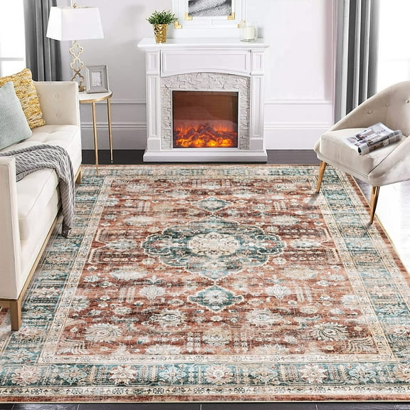 Hasoo 8' x 10' Area Rug Vintage Area Rug for Living Room Bedroom Medallion Distressed Rug Washable Carpet Brick Red