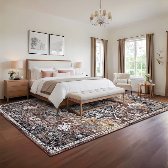 Hasoo 8' x 10' Area Rug for Living Room Boho Vintage Rug Non Slip Throw Rugs Floral Bedroom Rug, Brown