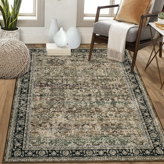 Hasoo 8' x 10' Area Rug for Living Room Boho Vintage Rug Non Slip Throw Rugs Floral Bedroom Rug, Brown