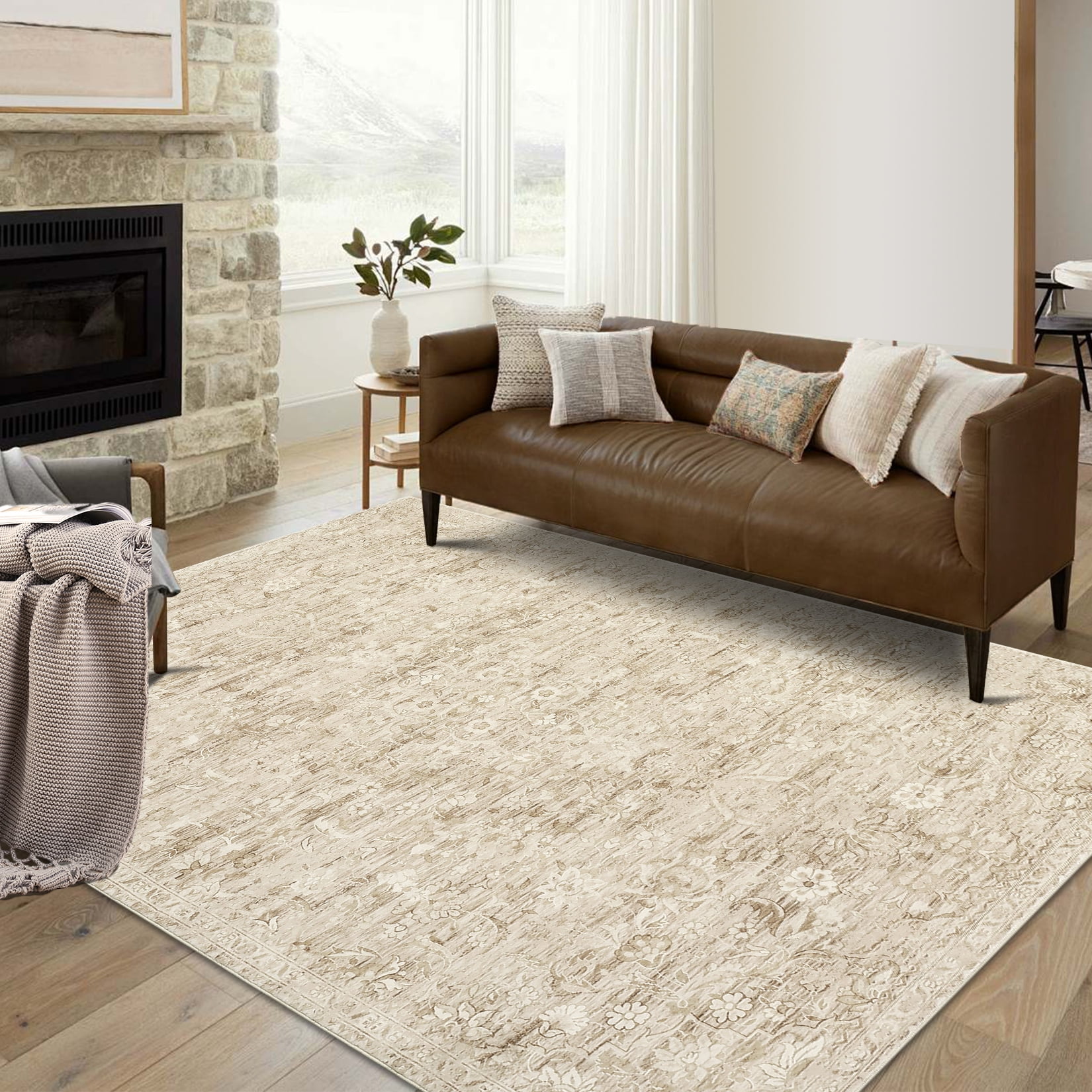 Hasoo 8' x 10' Area Rug for Living Room Boho Vintage Rug Non Slip Throw Rugs Floral Bedroom Rug, Camel