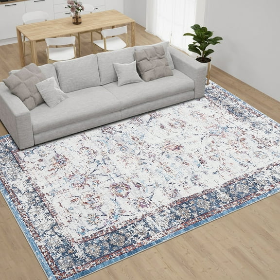 Hasoo 8' x 10' Area Rug for Living Room Boho Vintage Rug Non Slip Throw Rugs Floral Indoor Carpet, Red Blue