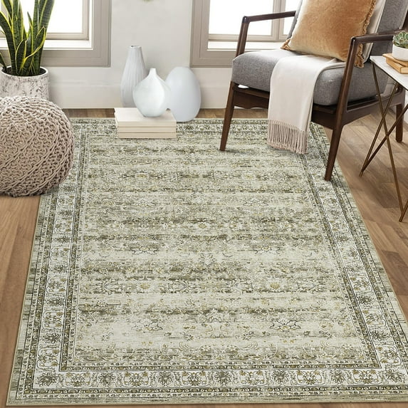Hasoo 8' x 10' Area Rug for Living Room Boho Vintage Rug Non Slip Throw Rugs Floral Indoor Carpet, Tan