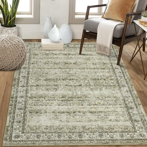 Hasoo 8' x 10' Area Rug for Living Room Boho Vintage Rug Non Slip Throw Rugs Floral Indoor Carpet, Tan