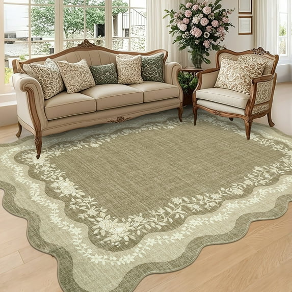 Hasoo 8' x 10' Area Rug for Living Room Washable Scalloped Non Shedding Neutral Indoor Decor Floral Printed Carpet, Brown