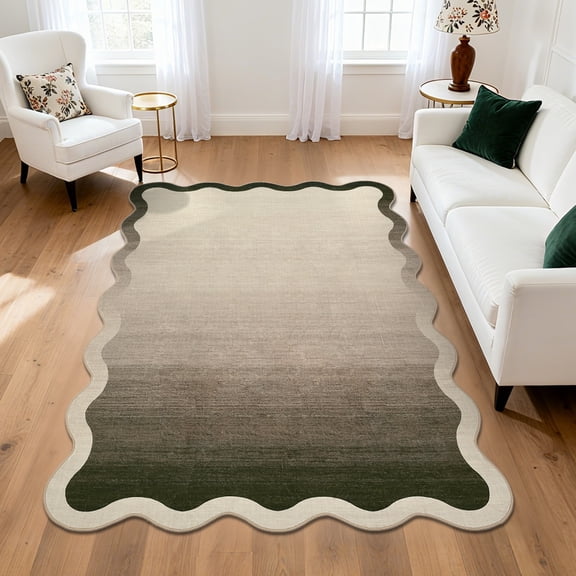 Hasoo 8' x 10' Area Rug for Living Room Washable Scalloped Non Shedding Neutral Indoor Decor Ombre Printed Bordered Carpet, Camel