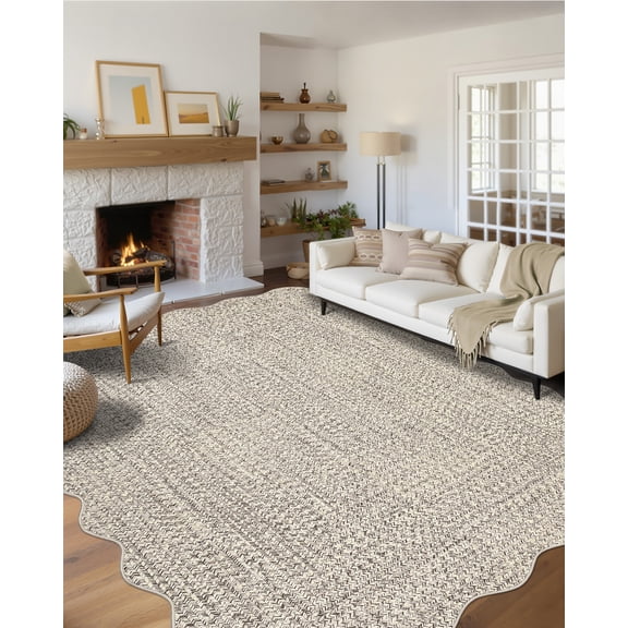 Hasoo 8' x 10' Area Rug for Living Room Washable Scalloped Non Shedding Neutral Indoor Decor Printed Carpet with Braided Pattern, Beige