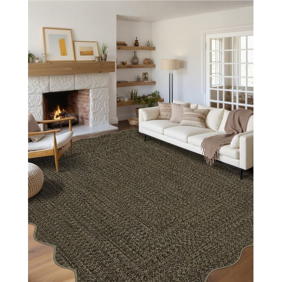 Hasoo 8' x 10' Area Rug for Living Room Washable Scalloped Non Shedding Neutral Indoor Decor Printed Carpet with Braided Pattern, Brown