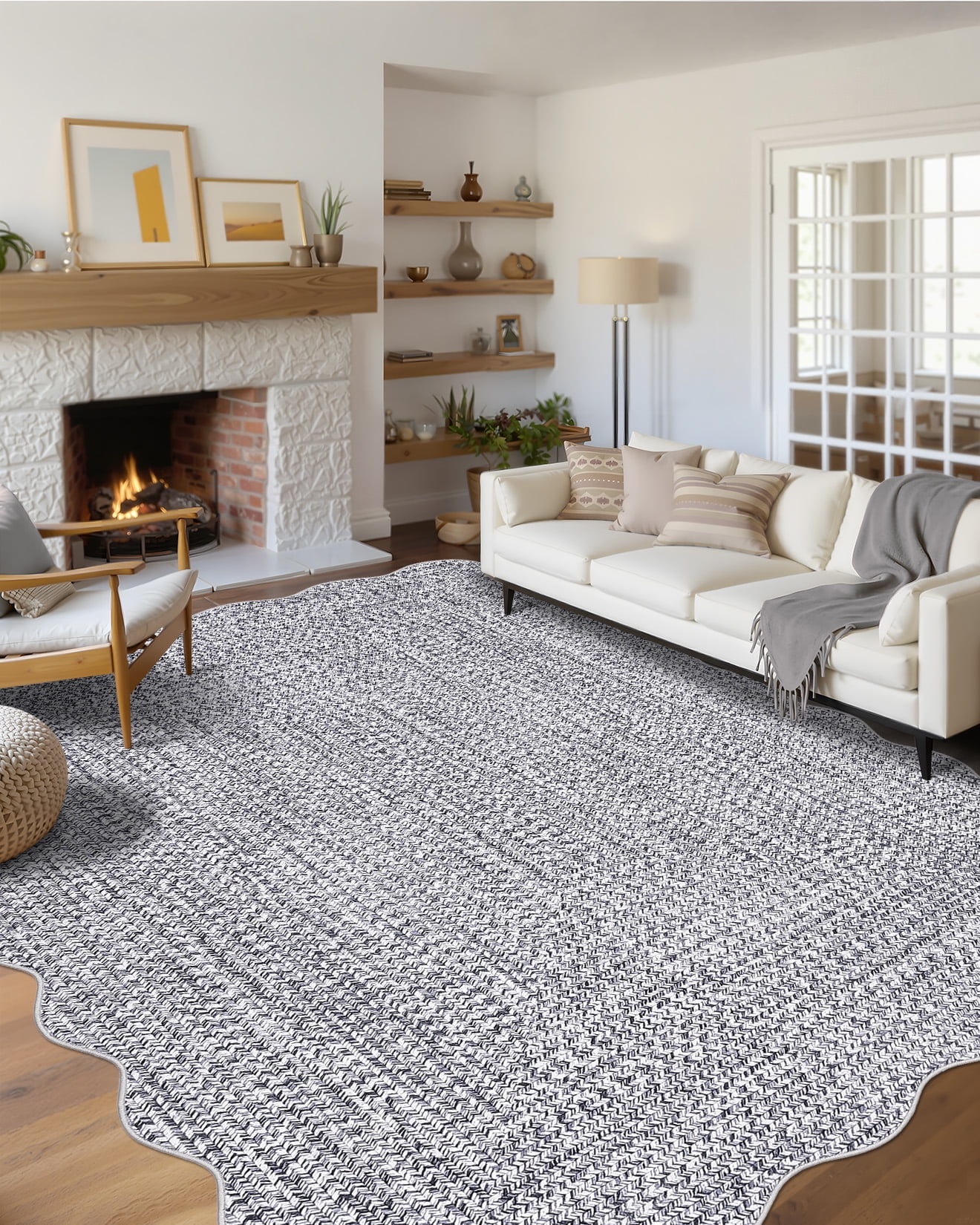 Hasoo 8' x 10' Area Rug for Living Room Washable Scalloped Non Shedding Neutral Indoor Decor Printed Carpet with Braided Pattern, Light Gray