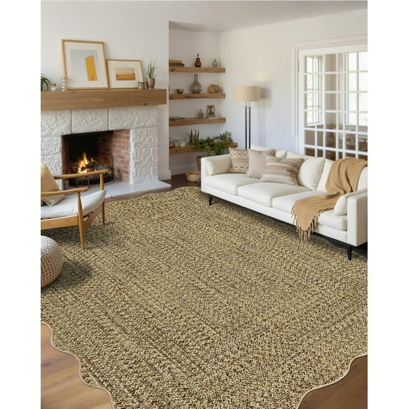 Hasoo 8' x 10' Area Rug for Living Room Washable Scalloped Non Shedding Neutral Indoor Decor Printed Carpet with Braided Pattern, Yellow