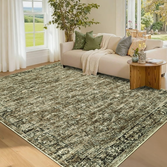Hasoo 8' x 10' Area Rug for Living Room Washable Vintage Floral Non Shedding Neutral Indoor Decor Carpet, Green