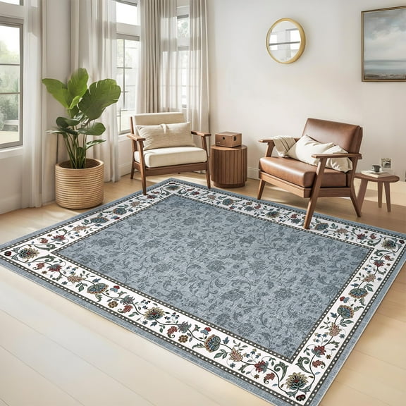 Hasoo 8' x 10' Area Rugs for Living Room Washable Vintage Floral Print Large Bedroom Indoor Modern Geometric Bordered Rug Soft Non Slip Carpet for Dining Room Apartment Office, Gray