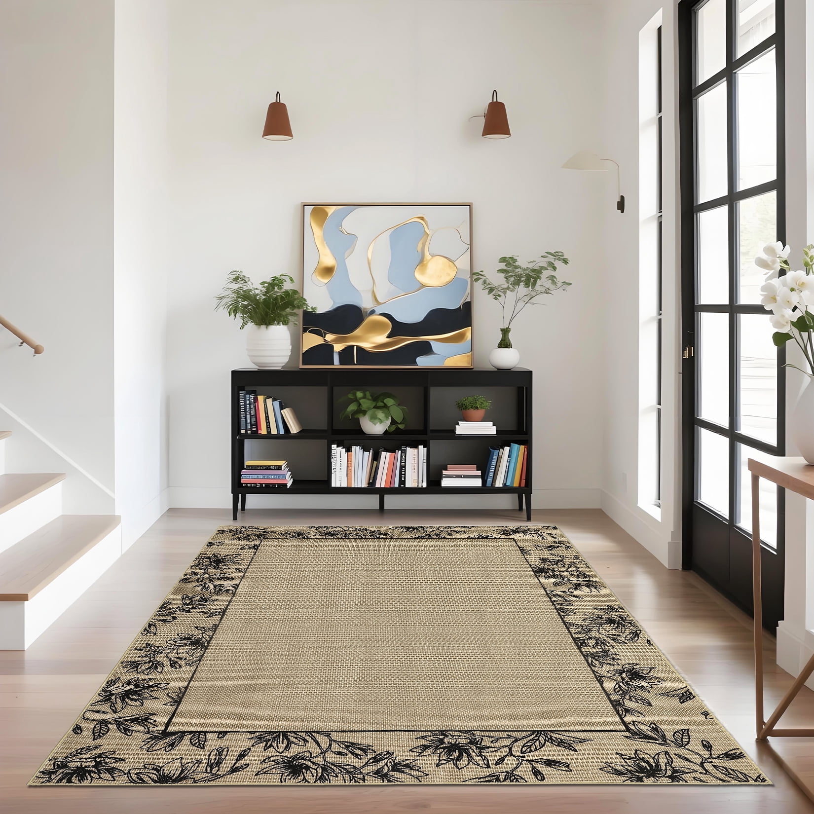 Hasoo 8' x 10' Area Rugs for Living Room Washable Vintage Floral Print Large Bedroom Indoor Modern Geometric Bordered Rug Soft Non Slip Carpet for Dining Room Apartment Office, Brown