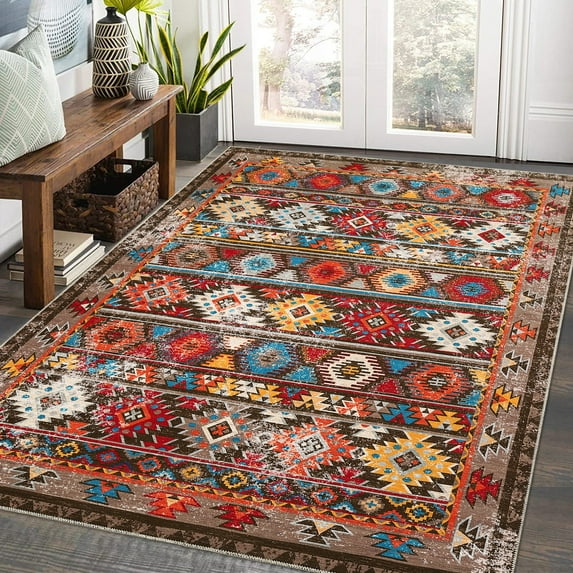 Hasoo 8' x 10' Area Rugs Vintage Rugs for Living Room, Bedroom Rugs, Dining Room Rugs, Non-Slip Washable Rugs, Indoor Traditional Rugs for Home Decor, Brown