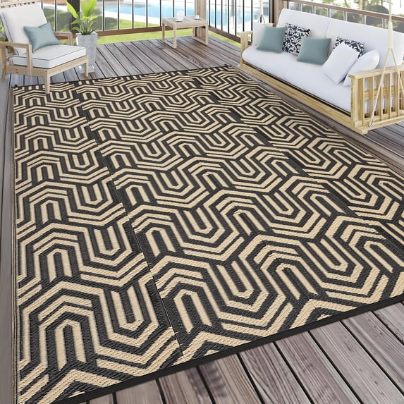 Hasoo 8' x 10' Black/Brown Outdoor Rug for Patio Decor Waterproof Plastic Straw Modern Geometric Carpet PP Tube Woven Portable Camping Mat for Picnic Balcony