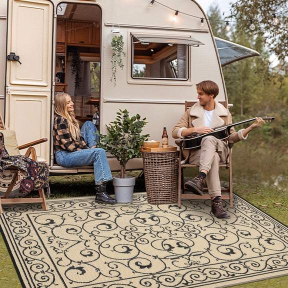 Hasoo 8' x 10' Black/Brown Outdoor Rug for Patio Decor Waterproof Plastic Straw Modern Geometric Floral Carpet PP Tube Woven Portable Camping Mat for Picnic Balcony