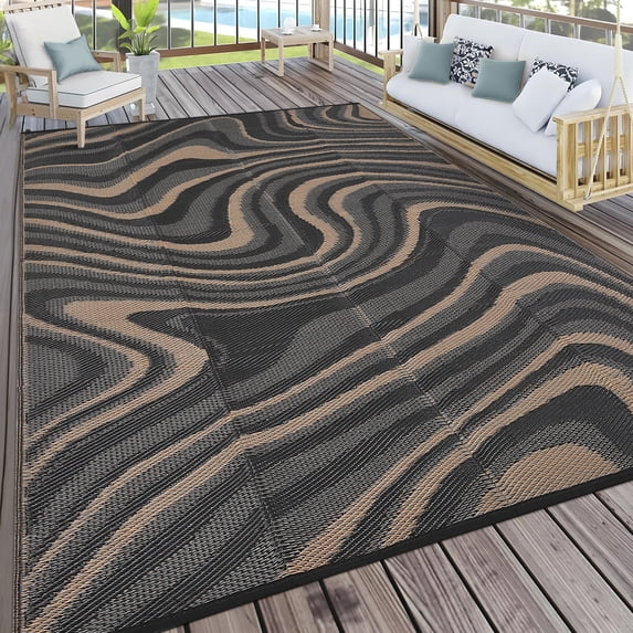 Hasoo 8' x 10' Black/Gray Outdoor Rug for Patio Decor Waterproof Plastic Straw Modern Geometric Carpet PP Tube Woven Portable Camping Mat for Picnic Balcony