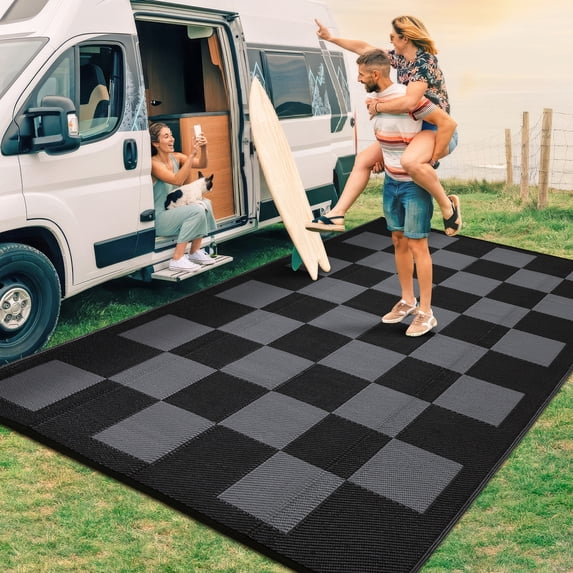 Hasoo 8' x 10' Black/Gray Outdoor Rug for Patio Decor Waterproof Plastic Straw Modern Geometric Checkered Carpet PP Tube Woven Portable Camping Mat for Picnic Balcony