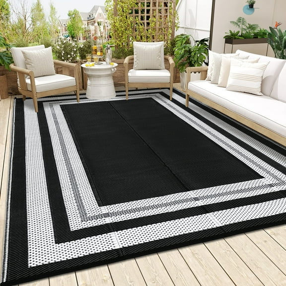 Hasoo 8' x 10' Black Outdoor Rug Plastic Straw Rug Geometric Border Carpet Waterproof PP Tube Woven Portable Mat for Patio Decor, Balcony, Picnic
