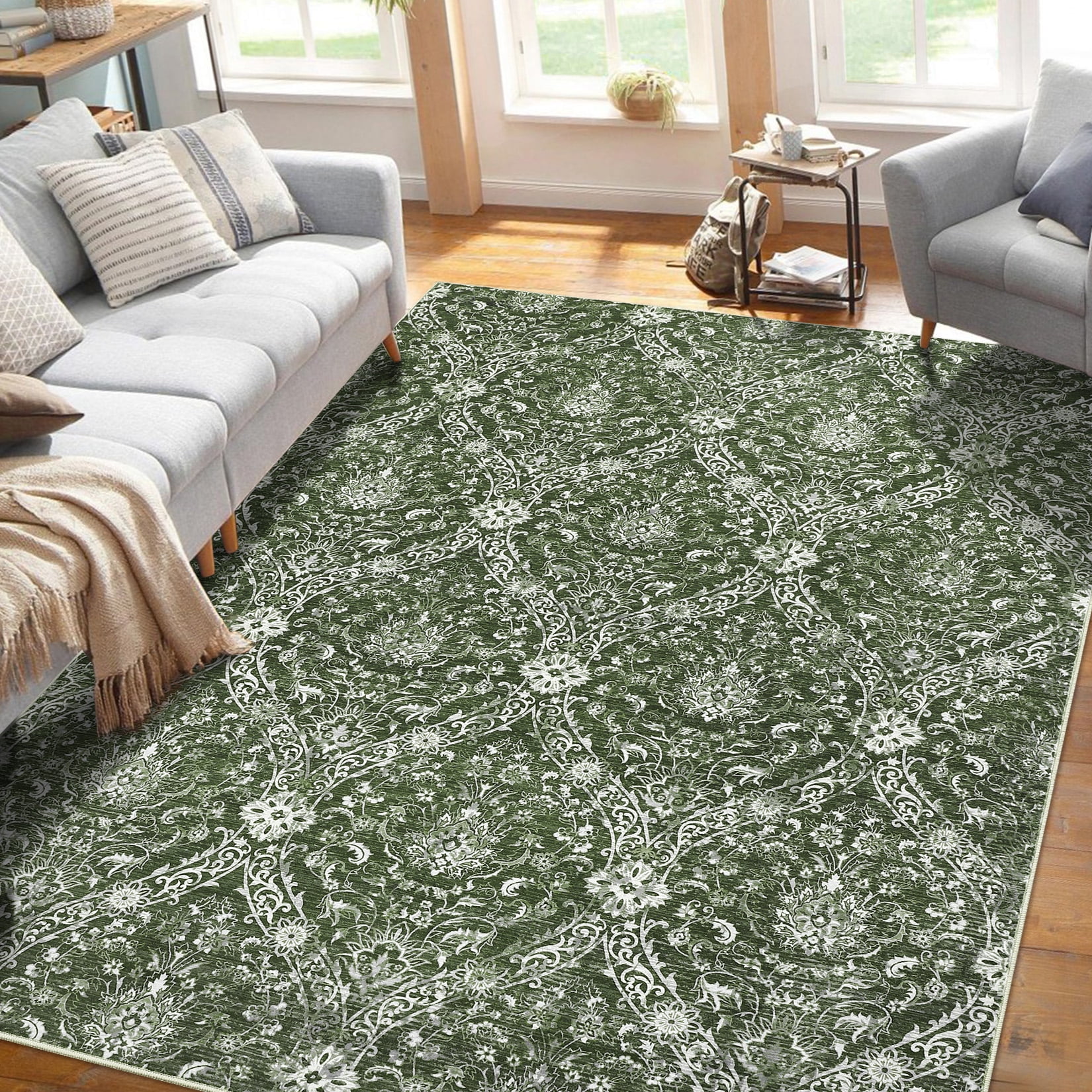 Hasoo 8' x 10' Damask Area Rug for Living Room Boho Vintage Rug Non Slip Throw Rugs Floral Bedroom Rug, Green