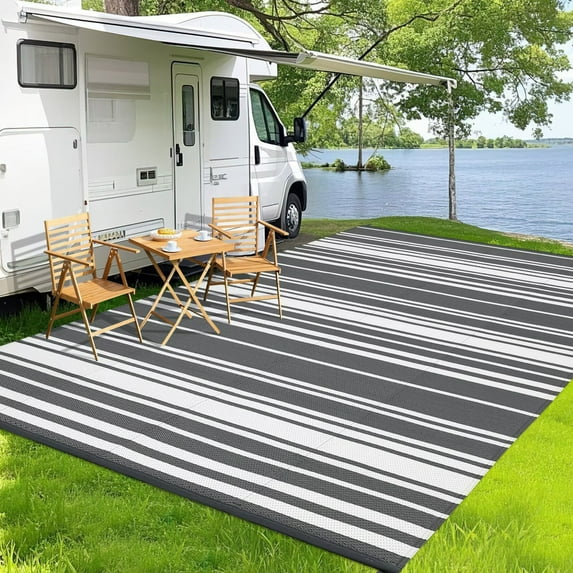 Hasoo 8' x 10' Gray Outdoor Rug Plastic Straw Geometric Striped Carpet Waterproof PP Tube Woven Portable Mat for Patio Decor, Balcony, Picnic