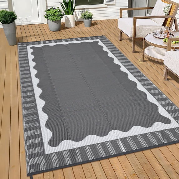 Hasoo 8' x 10' Gray/White Outdoor Rug for Patio Decor Waterproof Plastic Straw Modern Geometric Scalloped Bordered Pattern Carpet PP Tube Woven Portable Camping Mat for Picnic Balcony
