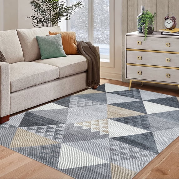 Hasoo 8'x 10' Large Geometric Area Rug Washable Modern Living Room Rug Non-Slip Stain Resistant Triangle Trellis Floor Carpet for Laundry Room, Grey/Yellow