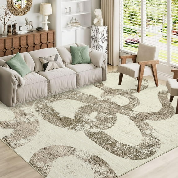 Hasoo 8' x 10' Modern Washable Indoor Rug for Dining Room Soft Abstract Geometric Line Area Rug Non Slip Stain Resistant Brown Carpet