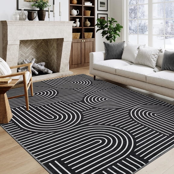 Hasoo 8' x 10' Non Slip Indoor Carpet Non Shed Area Rug for Living Room Black Washable Modern Geometric Rug