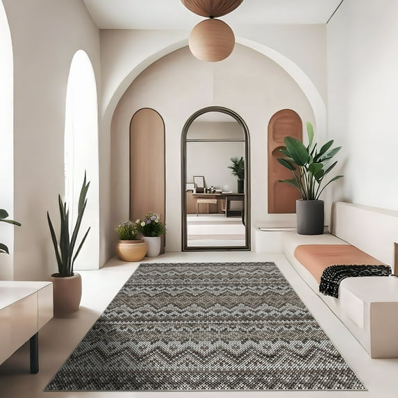 Hasoo 8' x 10' Non Slip Indoor Carpet Non Shed Area Rug for Living Room Brown Washable Modern Geometric Rug