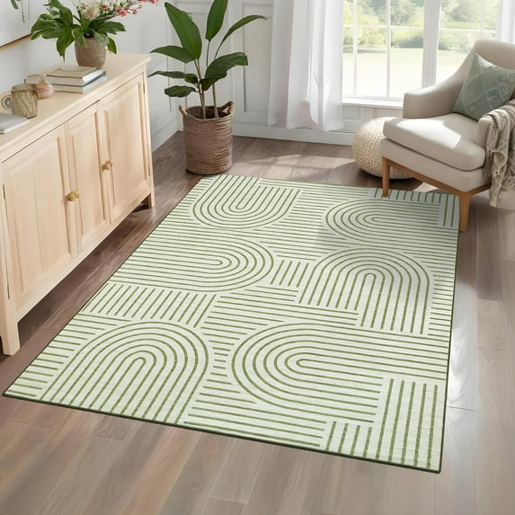 Hasoo 8' x 10' Non Slip Indoor Carpet Non Shed Area Rug for Living Room Green Washable Modern Geometric Rug