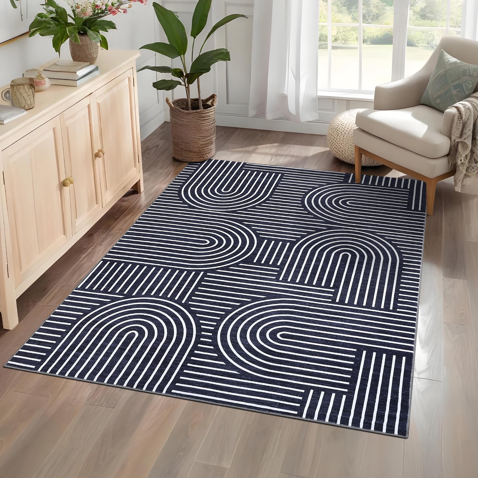 Hasoo 8' x 10' Non Slip Indoor Carpet Non Shed Area Rug for Living Room Navy Washable Modern Geometric Rug