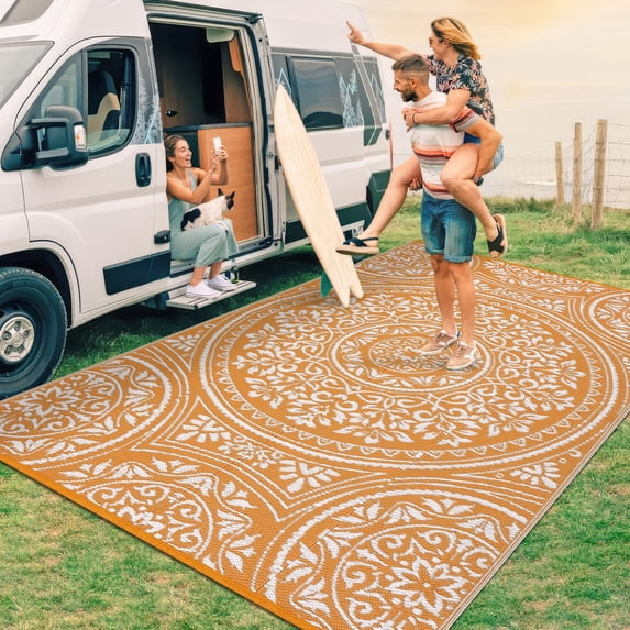 Hasoo 8' x 10' Orange/White Outdoor Rug for Patio Decor Waterproof Plastic Straw Modern Geometric Carpet PP Tube Woven Portable Camping Mat for Picnic Balcony