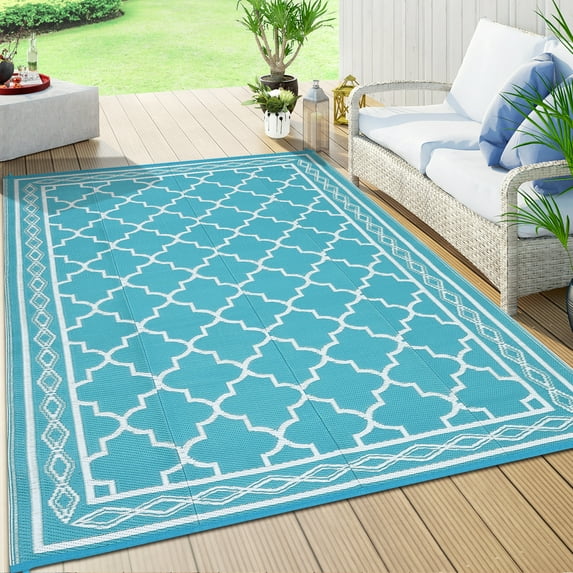 Hasoo 8' x 10' PP Tube Woven Outdoor Rug for Patio Reversible Carpetfor Camping Blue & White