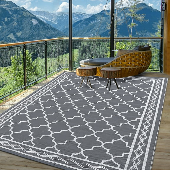 Hasoo 8' x 10' PP Tube Woven Outdoor Rug for Patio Reversible Carpetfor Camping Gray & White