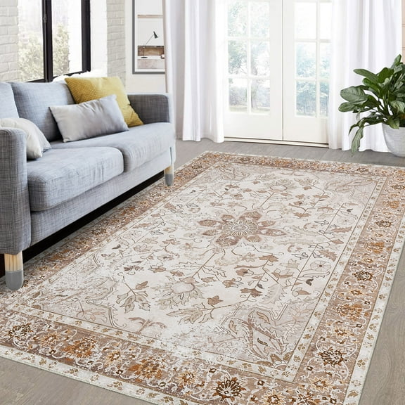 Hasoo 8' x 10' Washable Area Rug Stain Resistant Distressed Non-Shedding Living Room Bedroom Home Office Rug Carpet, Beige/Orange