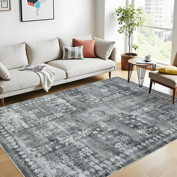 Hasoo 8' x 10' Washable Indoor Bedroom Carpet Floral Geometric Area Rug for Dining Room, Gray