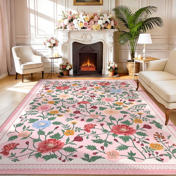 Hasoo 8' x 10' Washable Indoor Bedroom Carpet Modern Farmhouse Floral Area Rug for Living Room Dining Room, Pink