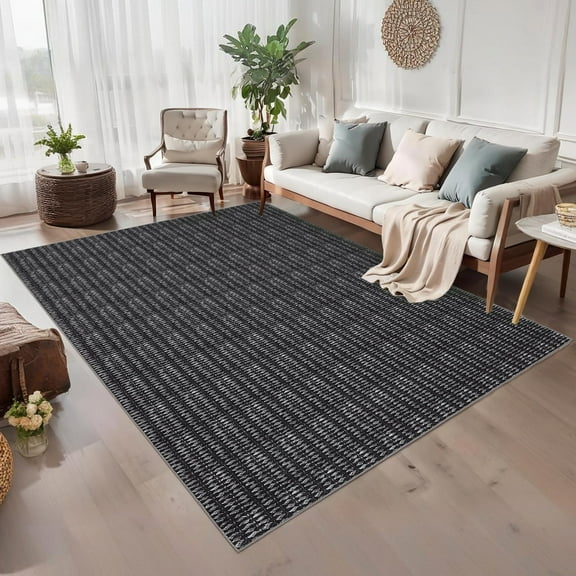 Hasoo 8x10 Rugs for Living Room Washable Modern Rugs Solid Imitation Braided Print Non Slip Indoor Carpet Bedroom Decor, Black