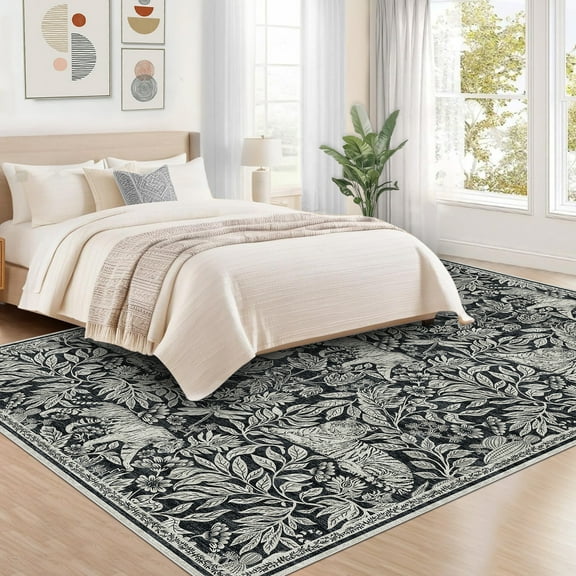 Hasoo 8x10ft Black Washable Tiger and Botanical Pattern Non-Slip Area Rug for Living Room Modern Carpet