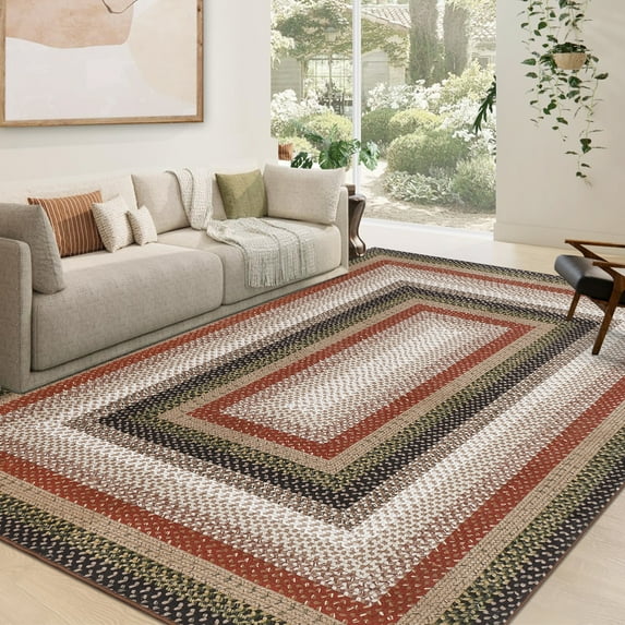 Hasoo 9' x 12' Area Rug Geometric Low Pile Carpet for Dorm Dining Room Home Decor Braided Texture Bordered Indoor Rug, Black Red