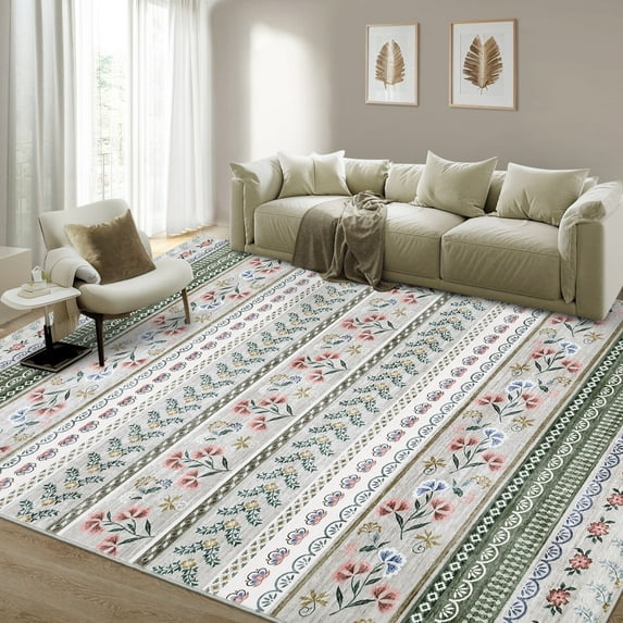 Hasoo 9' x 12' Area Rug Geometric Low Pile Carpet for Dorm Dining Room Home Decor Floral Pattern Indoor Rug, Green Beige