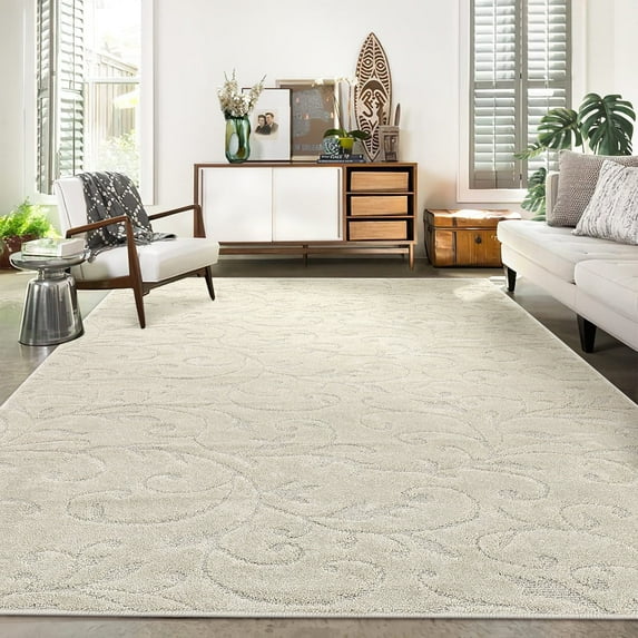 Hasoo 9' x 12' Area Rug Modern Floral Rug Indoor Non-Slip Non-Shedding Floor Carpet, Beige