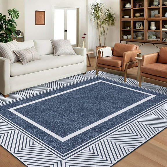 Hasoo 9' x 12' Area Rug Modern Geometric Bordered Carpet for Living Room Bedroom, Blue