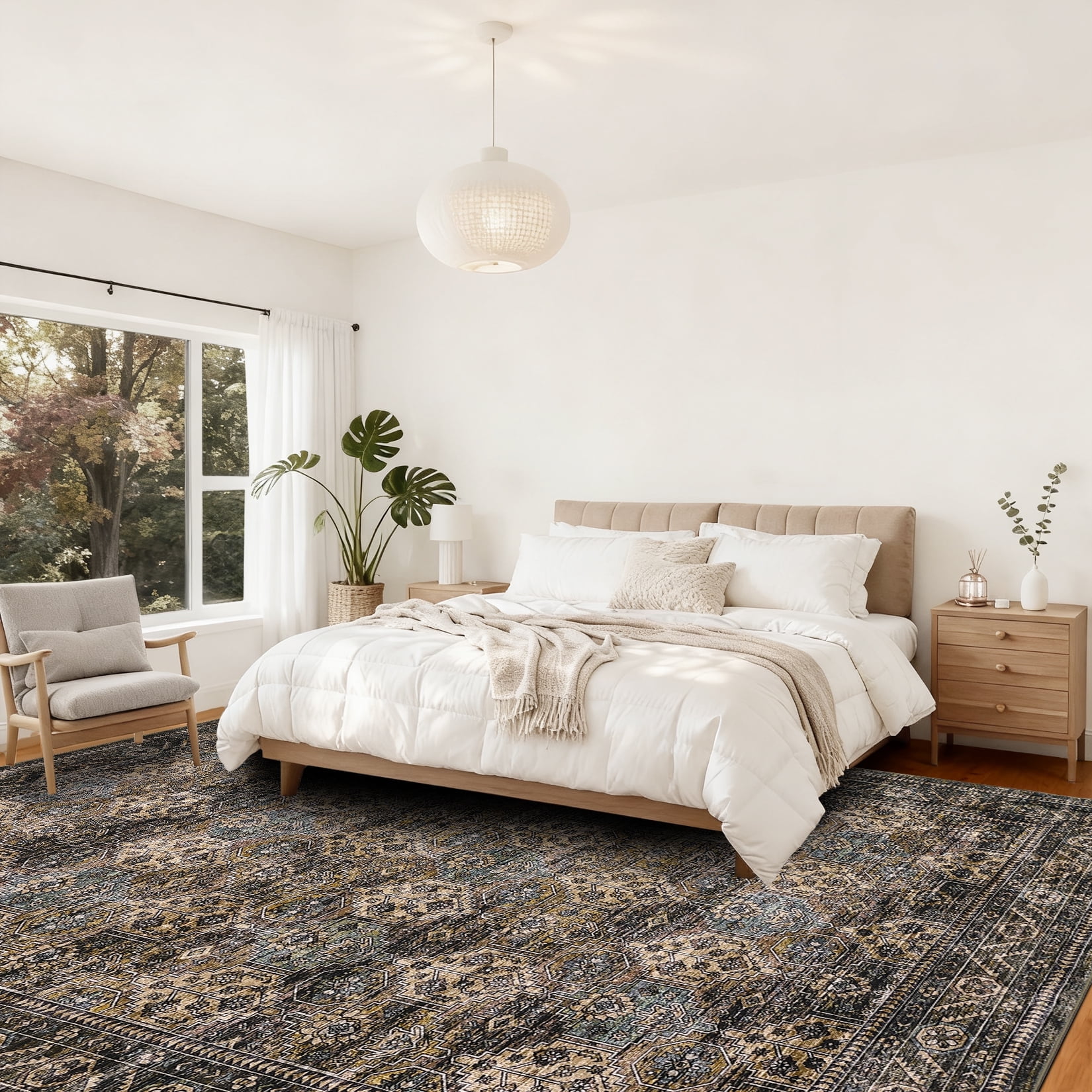 Hasoo 9' x 12' Area Rug for Living Room Boho Vintage Home Decor Washable Non Slip Throw Rug Floral Bedroom Indoor Carpet, Beige