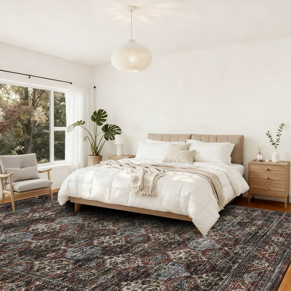 Hasoo 9' x 12' Area Rug for Living Room Boho Vintage Home Decor Washable Non Slip Throw Rug Floral Bedroom Indoor Carpet, Old Red