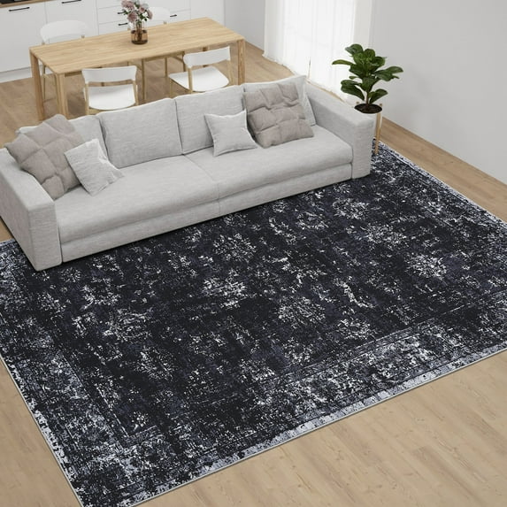 Hasoo 9' x 12' Area Rug for Living Room Boho Vintage Rug Non Slip Throw Rugs Floral Indoor Carpet, Black