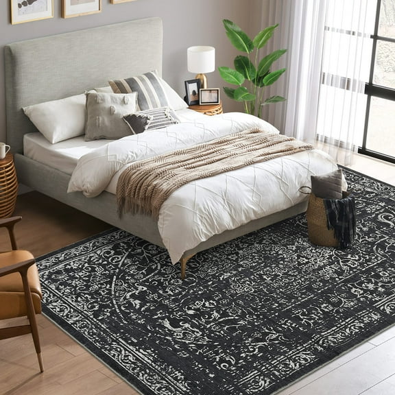 Hasoo 9' x 12' Area Rug for Living Room Boho Vintage Rug Non Slip Throw Rugs Floral Indoor Carpet, Black