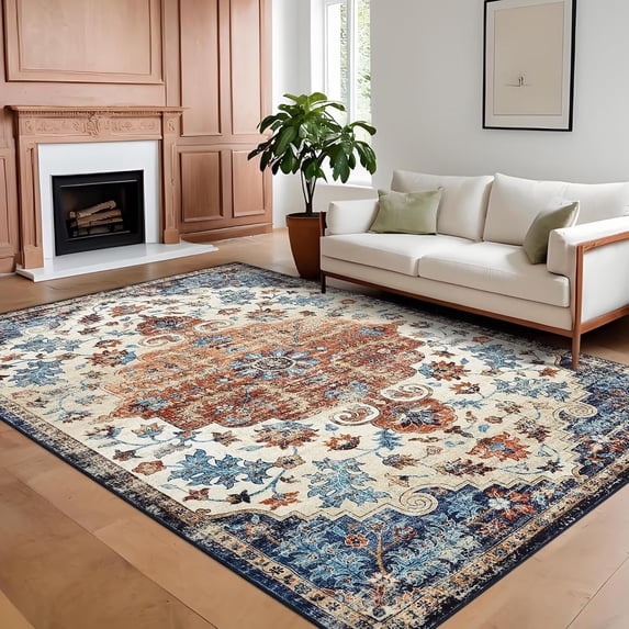 Hasoo 9' x 12' Area Rug for Living Room Boho Vintage Rug Non Slip Throw Rugs Floral Bedroom Rug, Blue/Orange