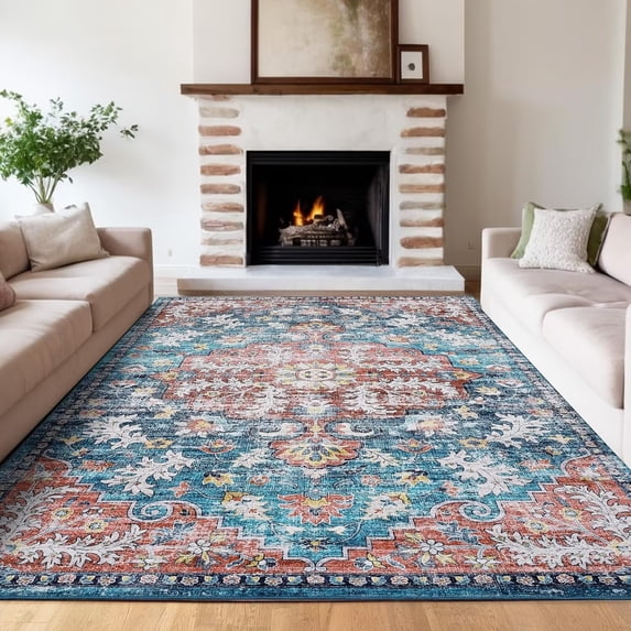 Hasoo 9' x 12' Area Rug for Living Room Boho Vintage Rug Non Slip Throw Rugs Floral Bedroom Rug, Blue/Pink