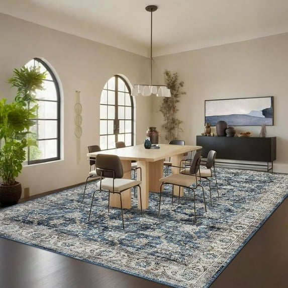 Hasoo 9' x 12' Area Rug for Living Room Boho Vintage Rug Non Slip Throw Rugs Floral Bedroom Rug, Blue